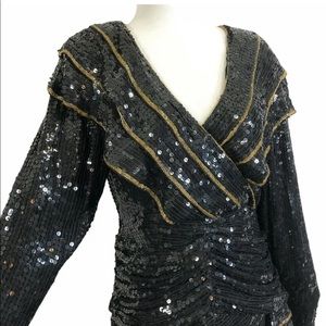 Vintage Beaded Sequin Black Silk Dress Fantasy by Lisa Kane Small